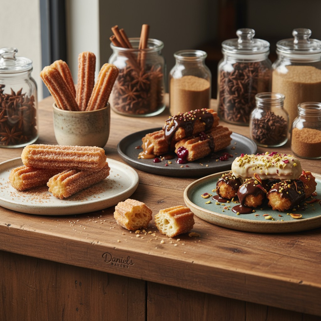 various churro deserts presented on their different quality plates, many of which are topped with bacon, ice cream or choc...