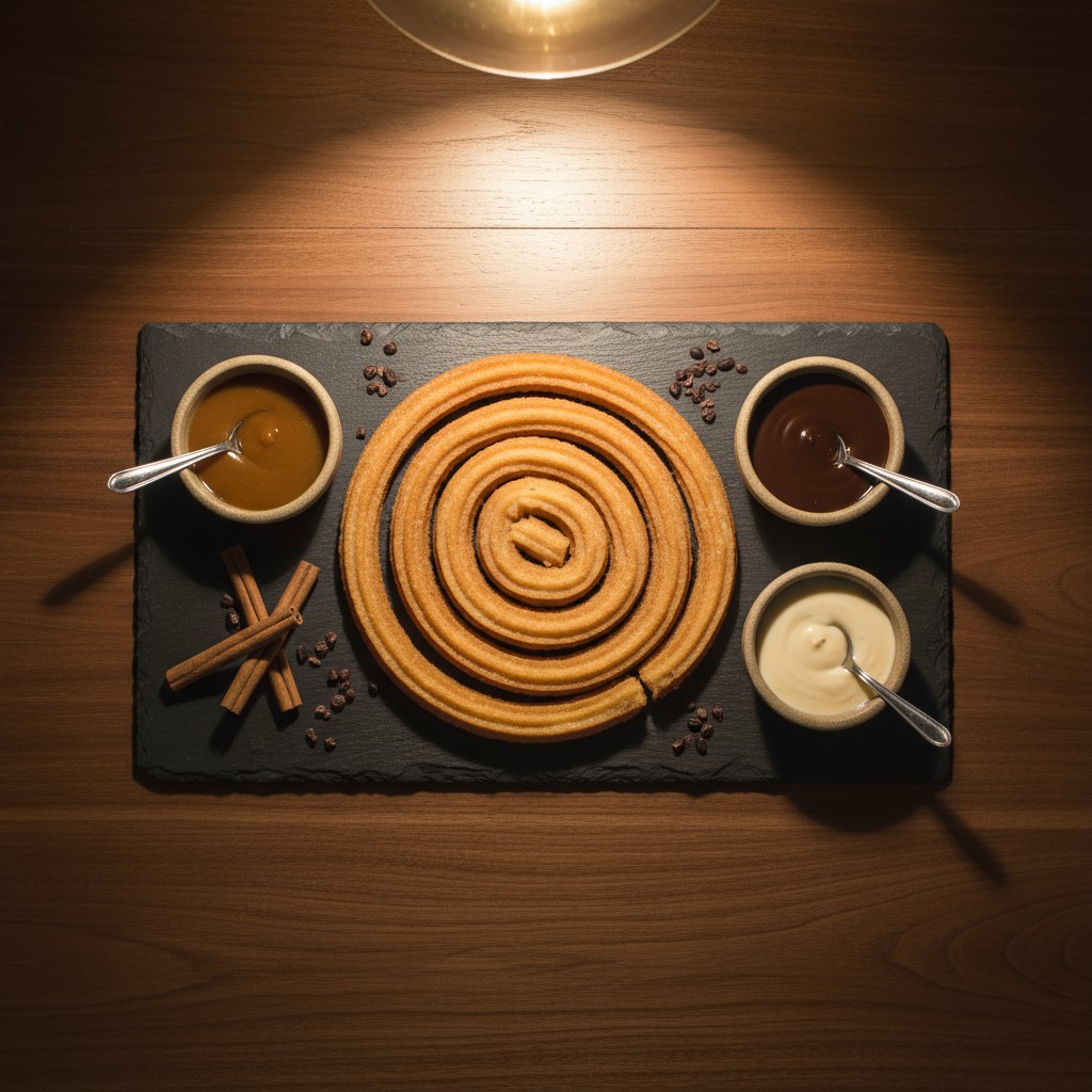 A plate of churros with dipping sauces and cinnamon sticks, captured in various shades of sunlight in an overhead shot.