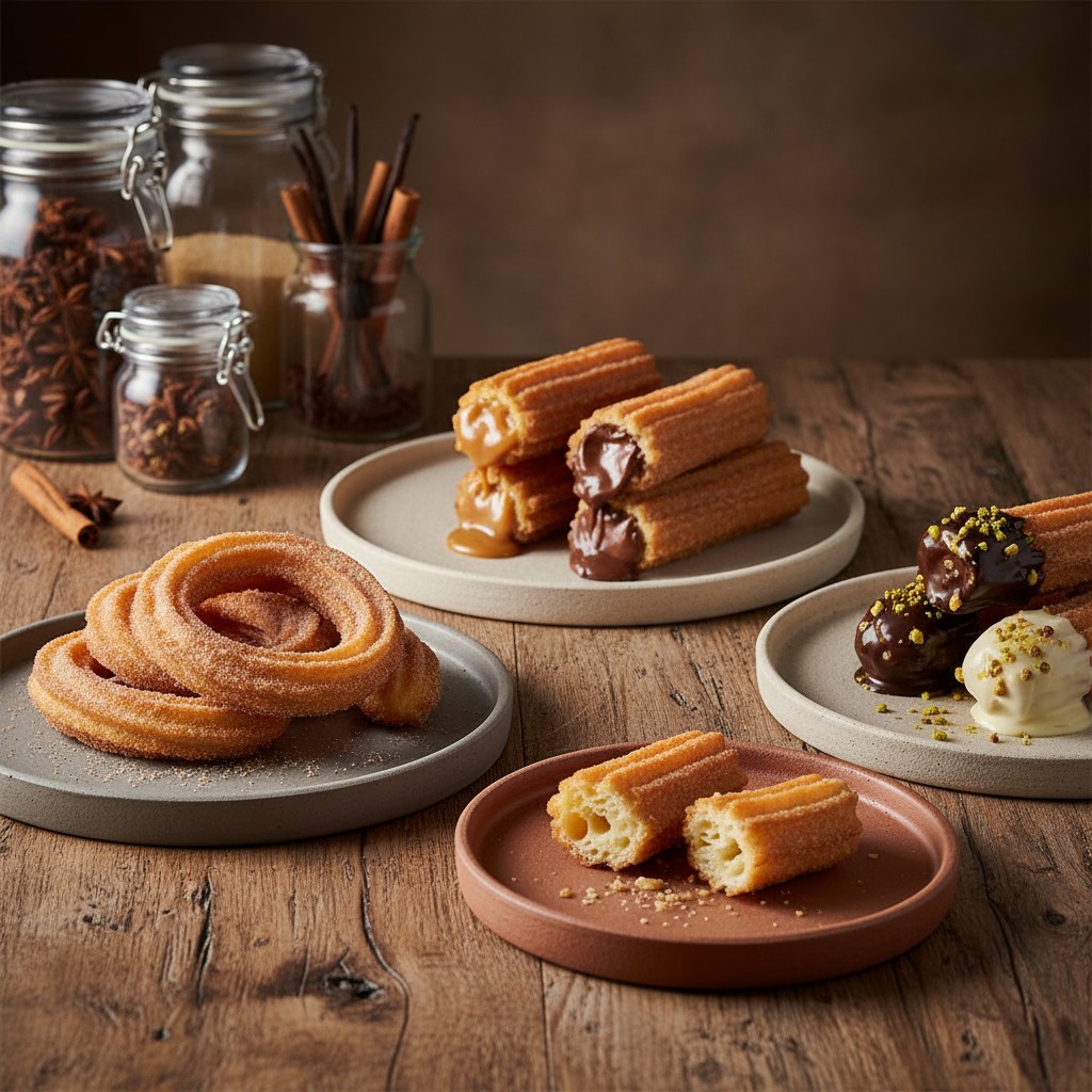 A highly-composed photo of churros on various styled plates with ingredients on the table.