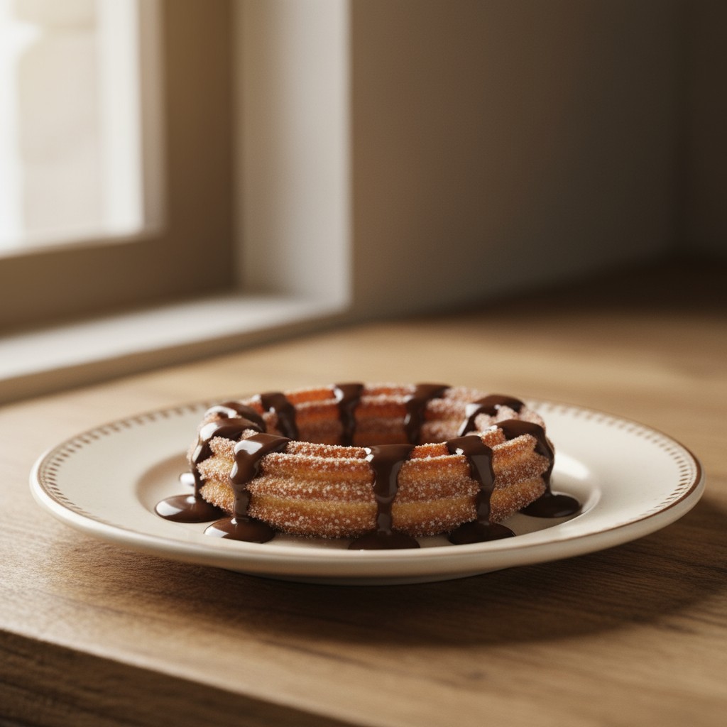 A round, sugary fried churro ring with chocolate sauce drizzled on it.